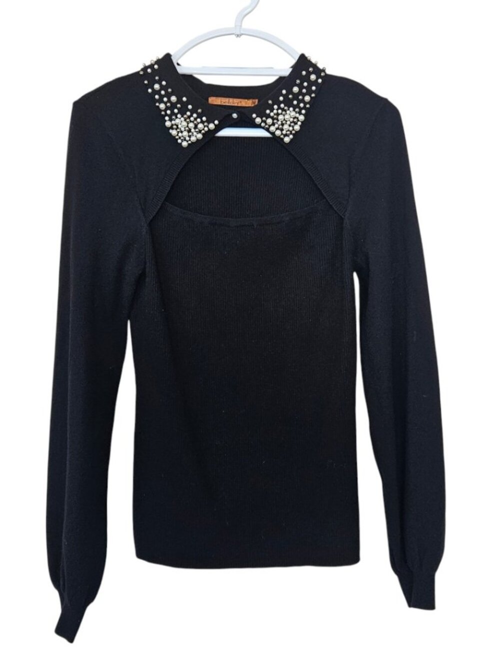 Belldini Black Sweater Pearl embellished point collar Medium